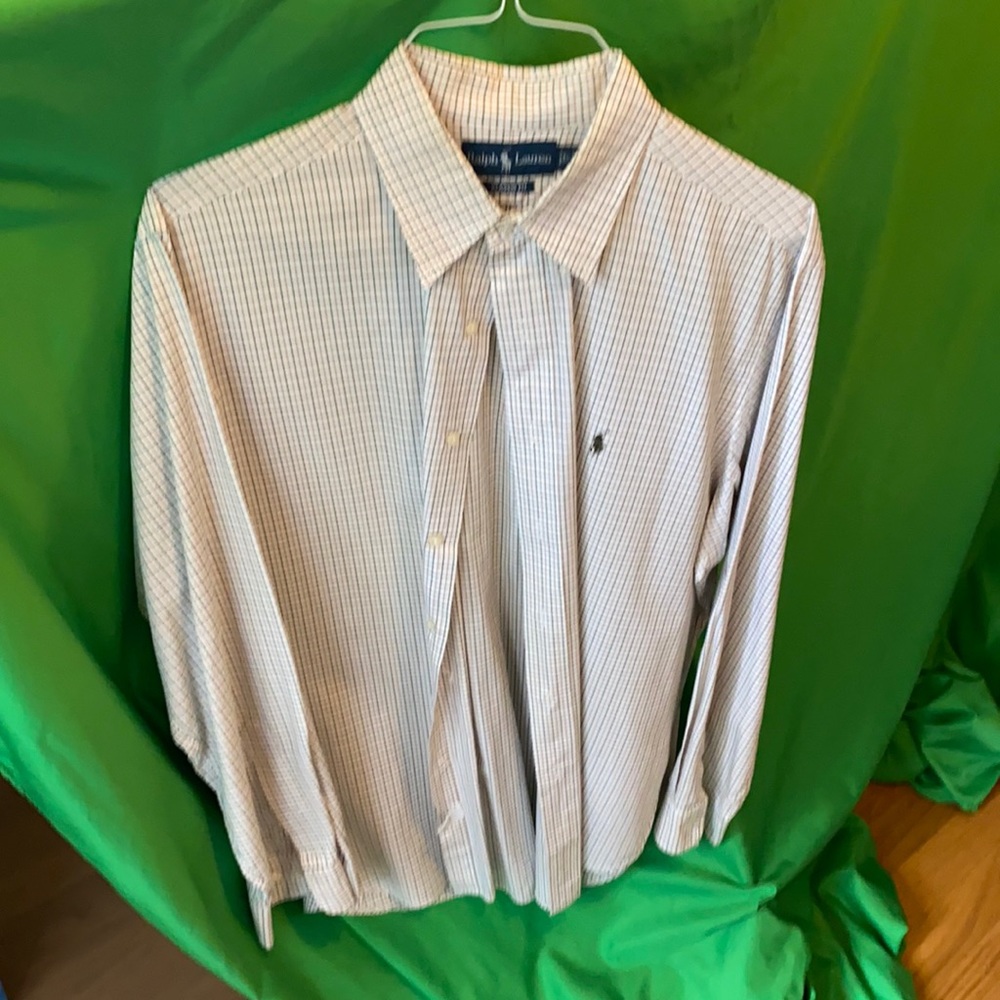 Polo by Ralph Lauren Men's White Dress Shirt Olive and black checks on white